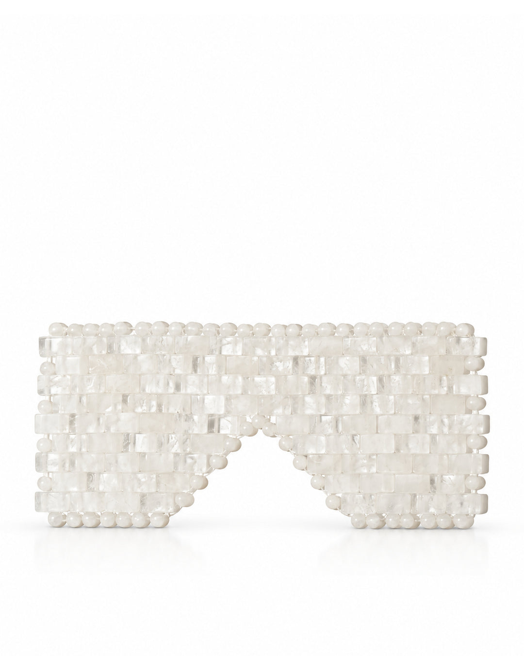 A white beaded clutch bag with a geometric, textured design and a pointed bottom, displayed on a clean white reflective surface.