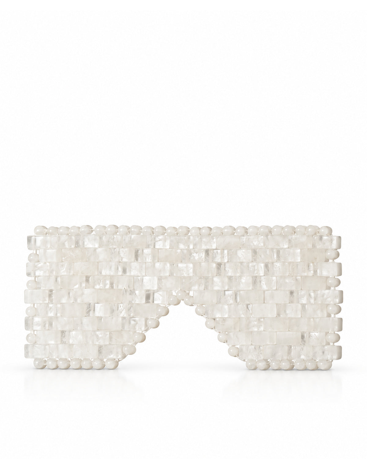 A white beaded clutch bag with a geometric, textured design and a pointed bottom, displayed on a clean white reflective surface.