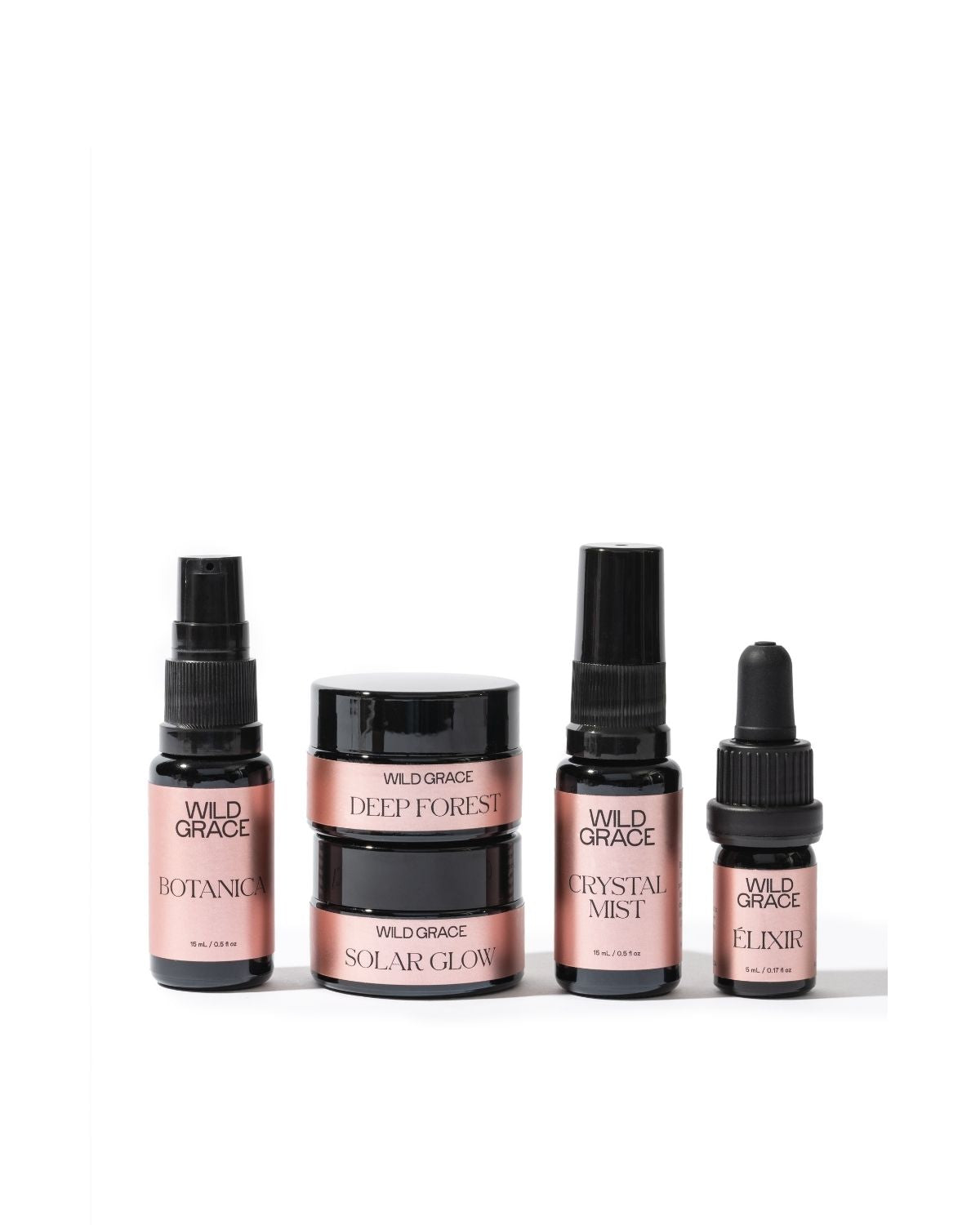 Set of Wild Grace skincare products on a white background