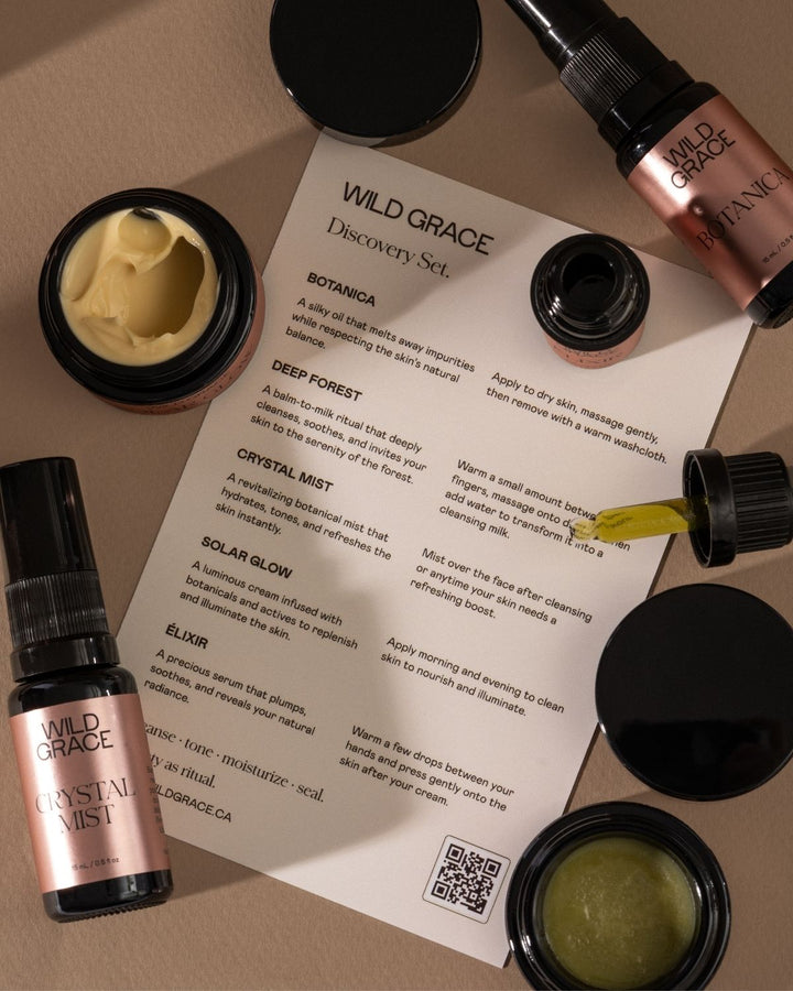 Wild Grace skincare discovery set with products and instructions on a brown background