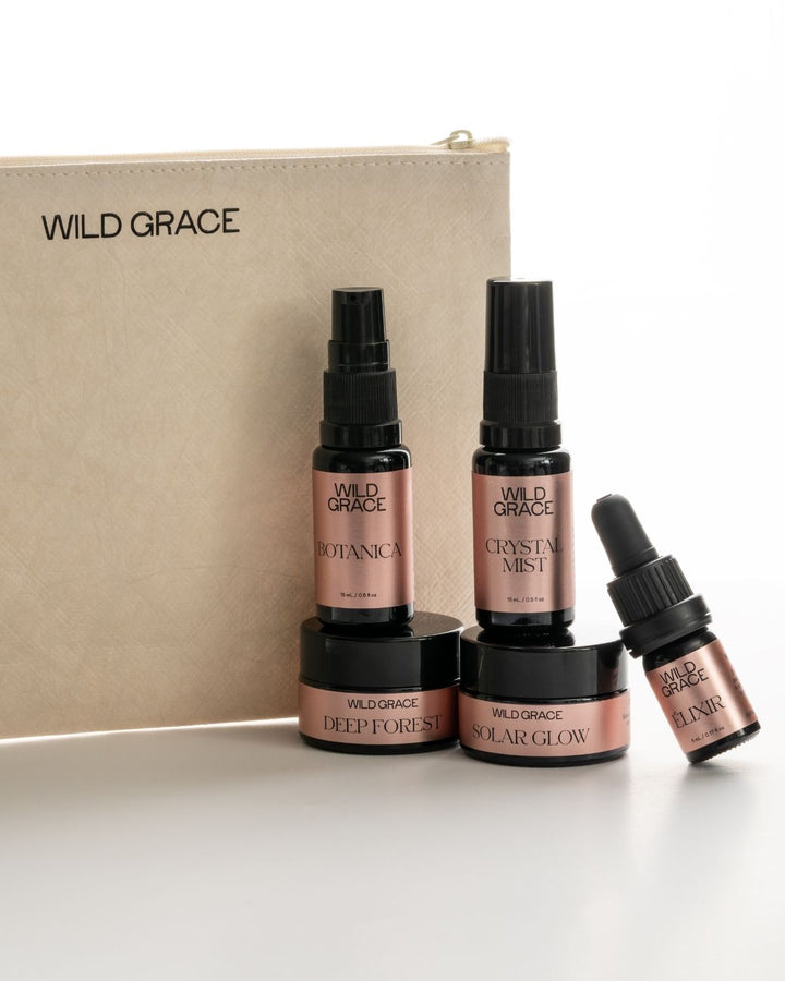 Wild Grace skincare products including bottles and jars on a white background