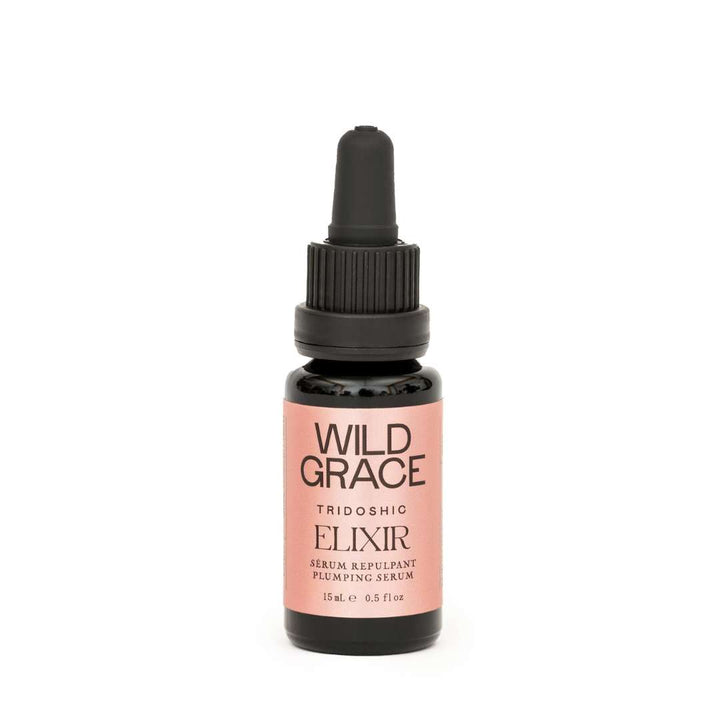 ELIXIR plumping serum, hyaluronic acid, coQ10 enzyme, made by WILD GRACE. Montreal, Canada.