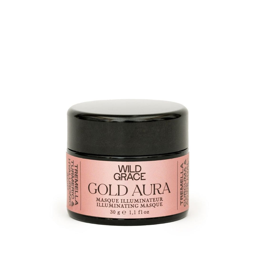 GOLA AURA illuminating and hydrating facial masque formulated with turmeric and tremella extracts and hyaluronic acid.  By WILD GRACE, Montreal-based vegan skincare.