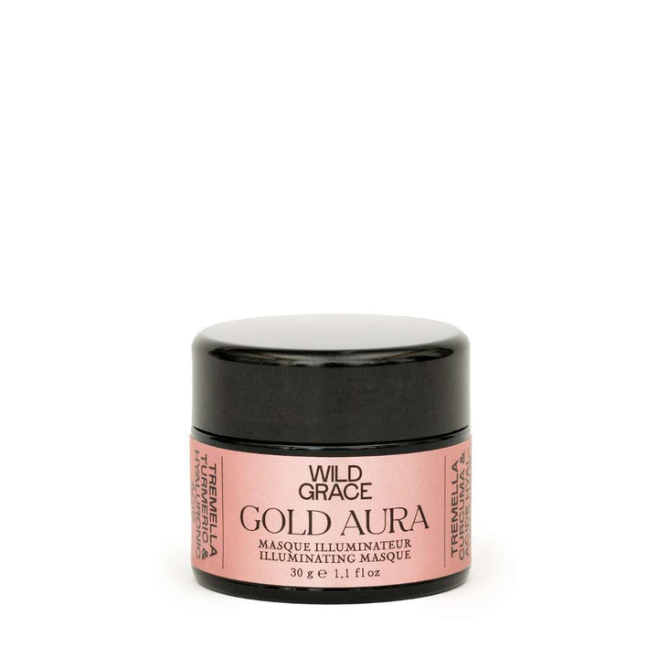 GOLA AURA illuminating and hydrating facial masque formulated with turmeric and tremella extracts and hyaluronic acid.  By WILD GRACE, Montreal-based vegan skincare.