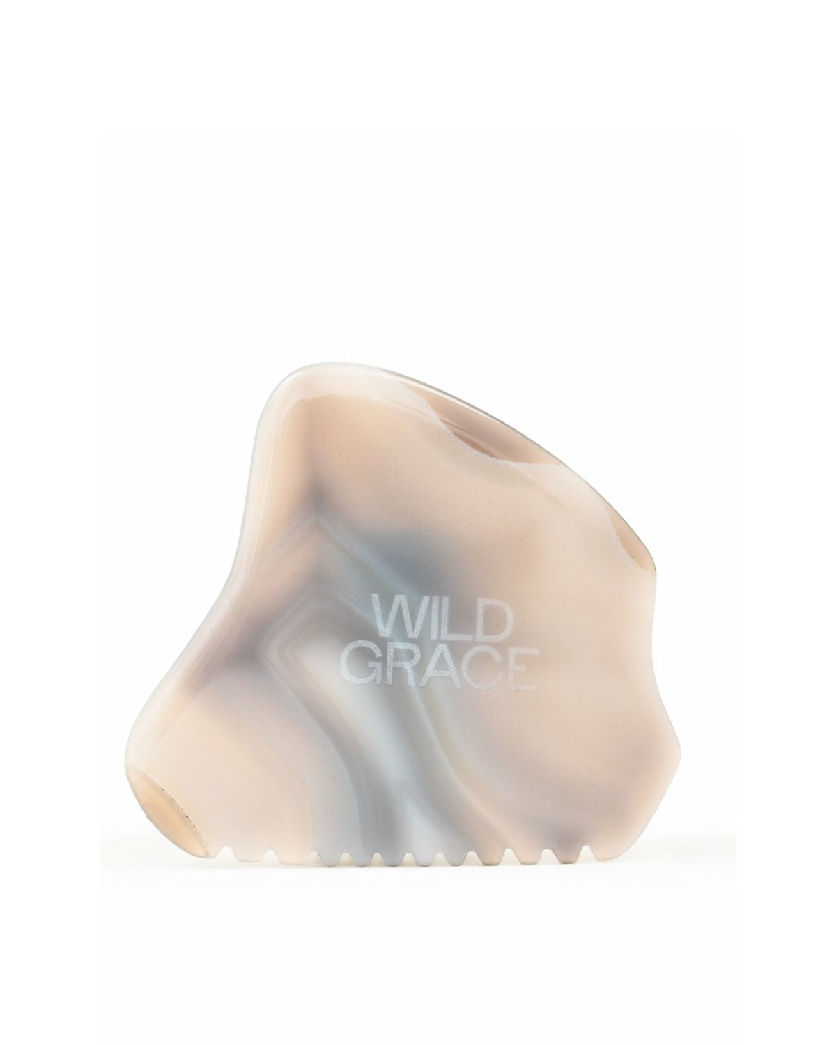 Smoky agate gua sha with 'Wild Grace' branding on a white background