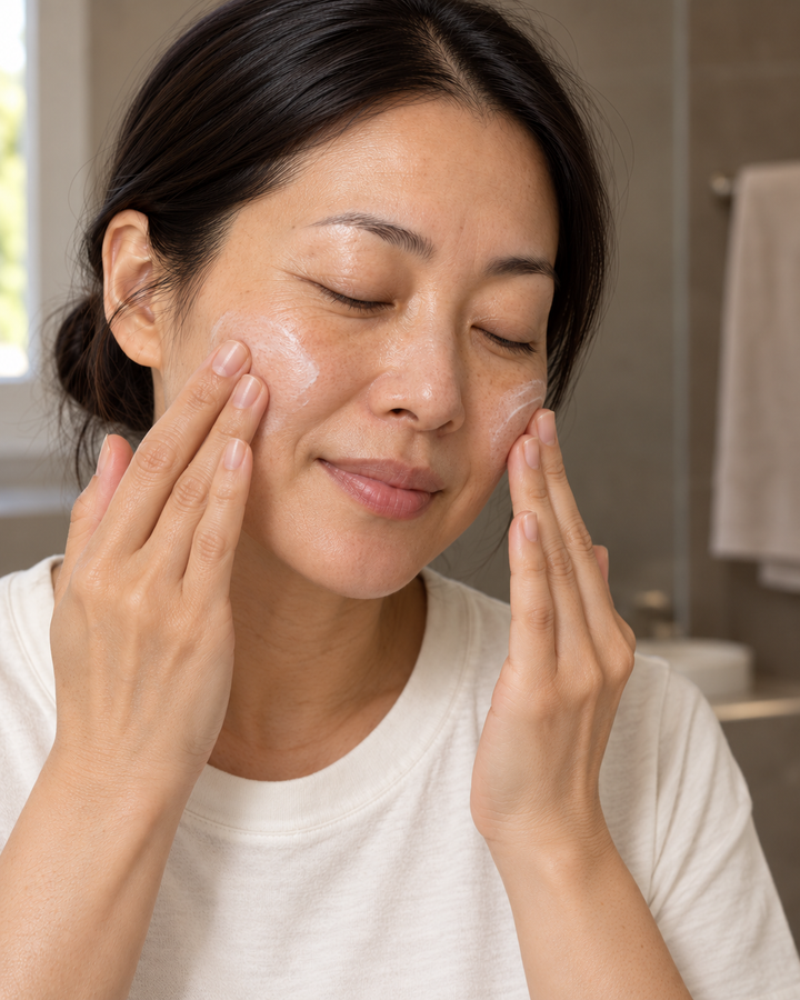 A woman with closed eyes applying or smoothing a white facial cream or mask onto her cheeks with her fingers in a bright bathroom setting.