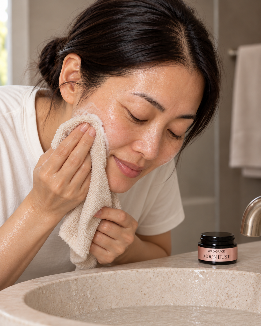 A woman in a white t-shirt leans over a bathroom sink, using a beige towel to wipe her face. A small jar of &
