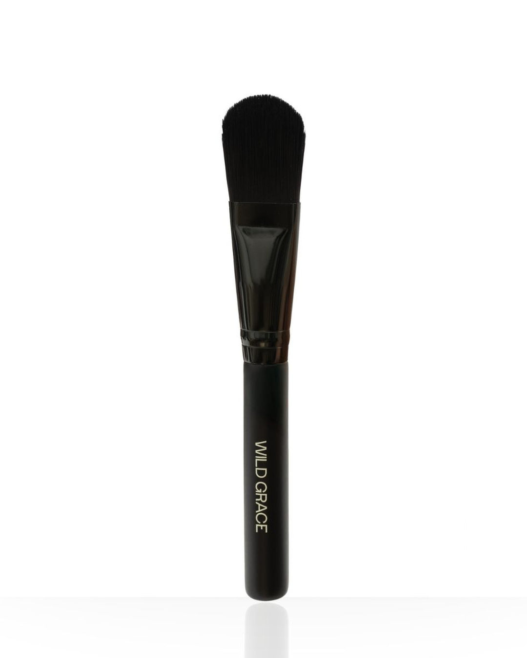Makeup brush with black handle and bristle head on a white background, branded &