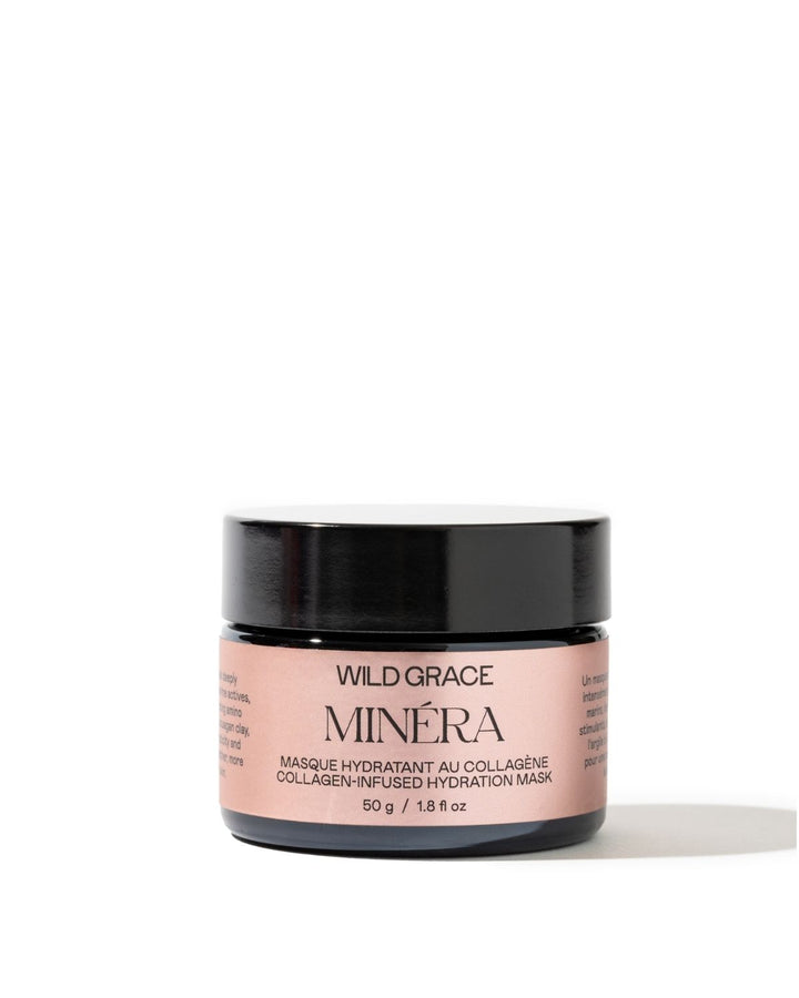 Cosmetic jar of minéra collagen hydration mask by wild grace with pink label and black lid on a white background