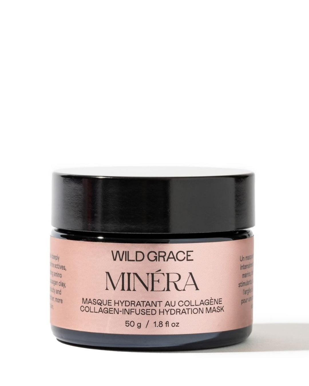 Cosmetic jar of minéra collagen hydration mask by wild grace with pink label and black lid on a white background