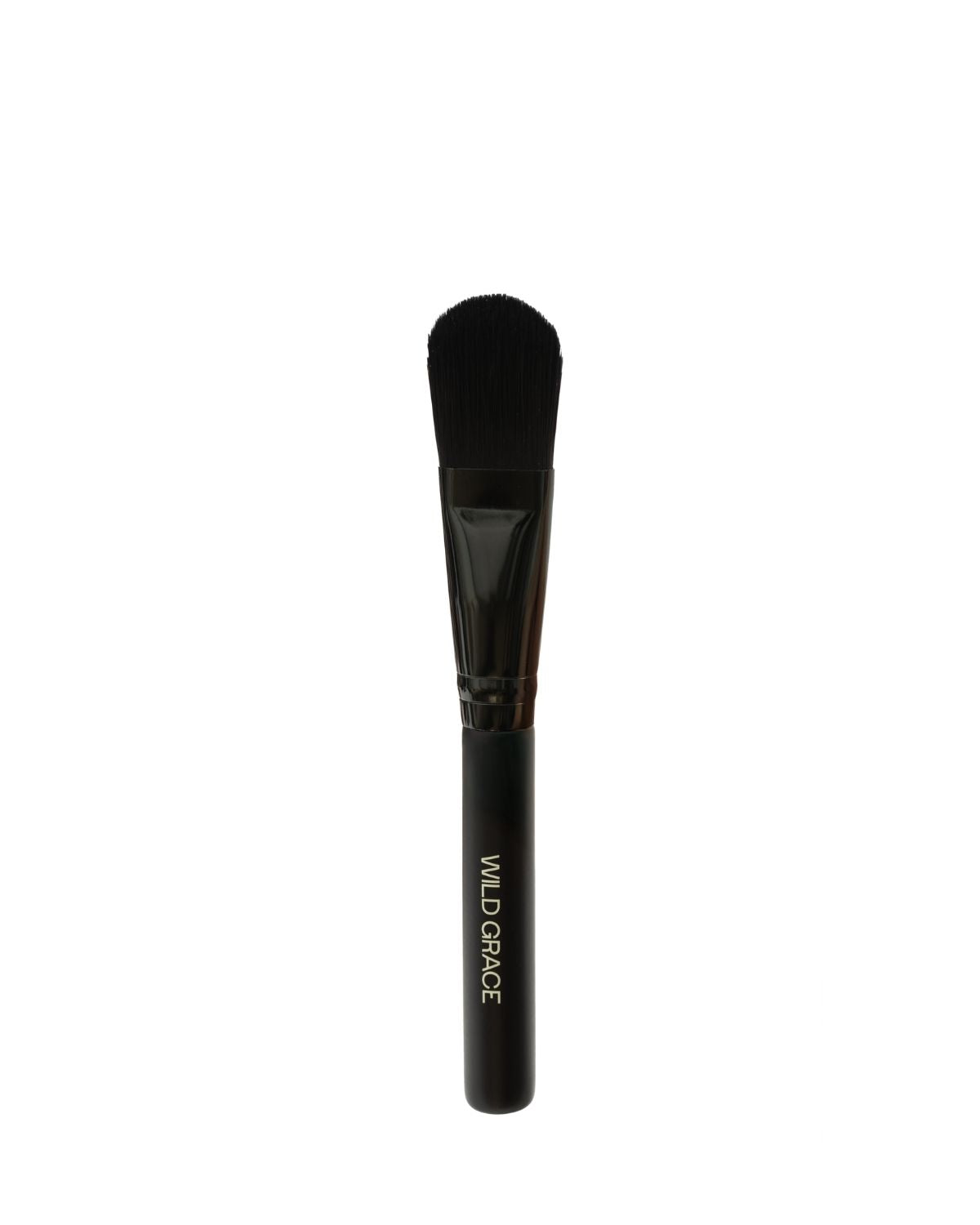Makeup brush with black handle and bristle head on a white background, branded 'Wild Grace'.