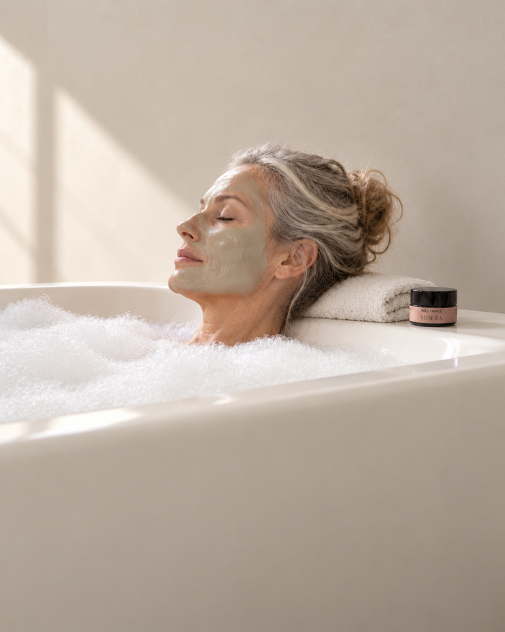 A woman relaxes in a bubble bath with a green face mask, leaning her head on a folded white towel next to a small jar with a black lid.