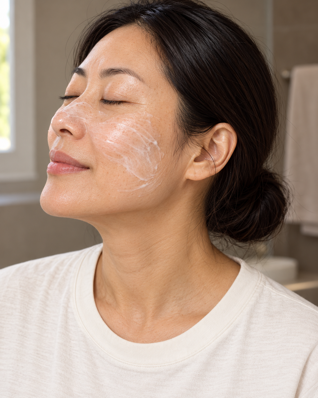 A woman with closed eyes and a serene expression, shown in profile with white skincare cream on her cheek, wearing a light beige crew-neck t-shirt in a softly lit bathroom setting.