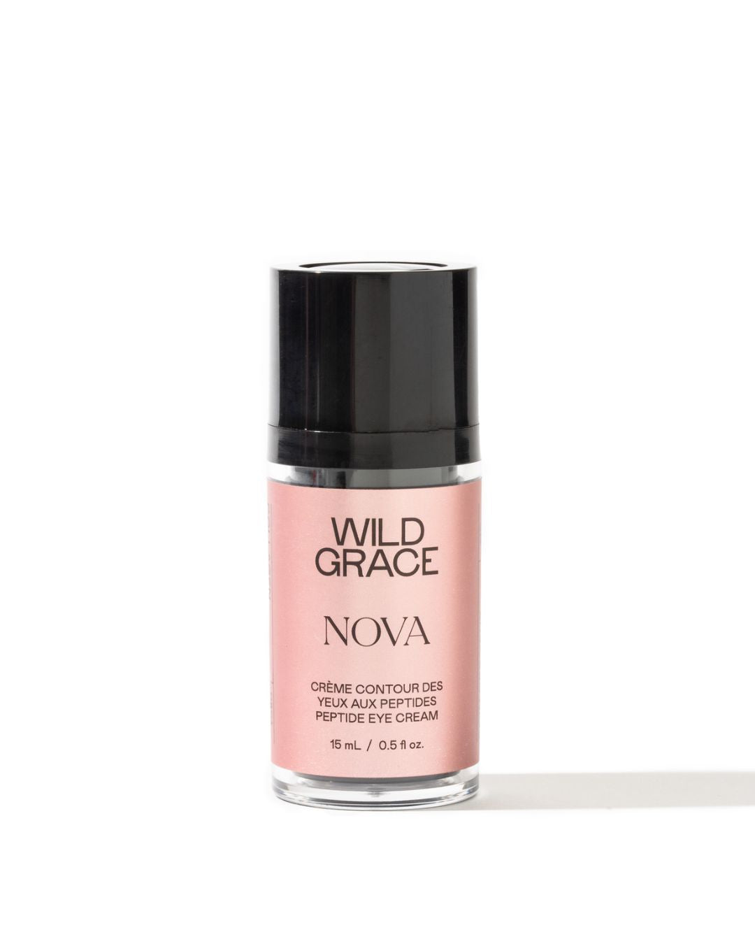 Pink skincare bottle with black cap labeled 'Wild Grace Nova' on a white background