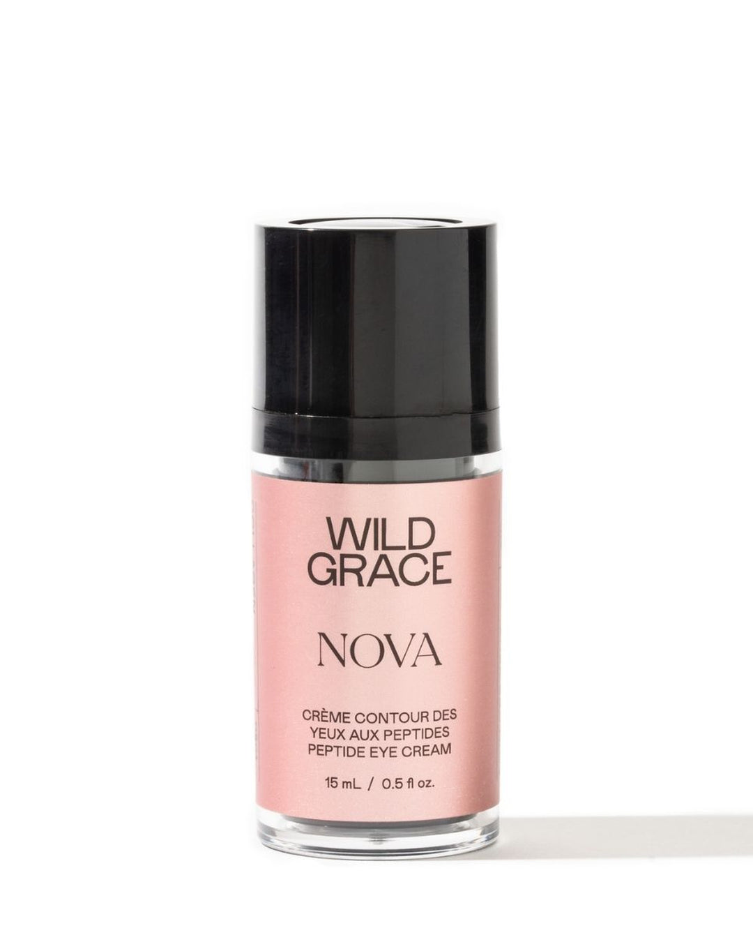 Wild Grace Nova Peptide Eye Cream in a clear glass bottle with a black cap and a light pink label, set against a plain white background.