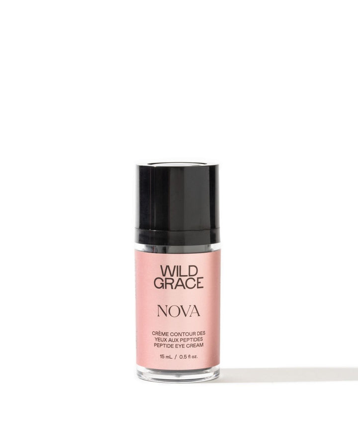 Cosmetic nova eye cream bottle with pink label and black cap on a white background