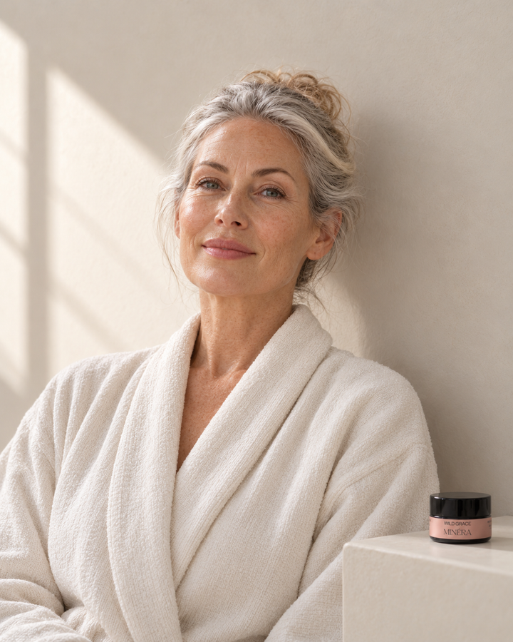 A woman with gray hair in an updo wearing a plush cream bathrobe, leaning against a neutral beige wall. A small cosmetic jar sits on a white pedestal in the foreground.