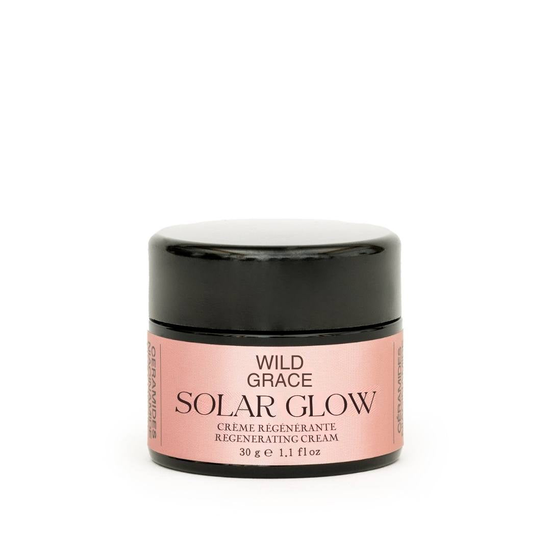 WILD GRACE SOLAR GLOW Regenerating and hydrating face cream. Hydrating ceramides and hyaluronic acid creams, with anti-aging holy basil extract. For all skin types.