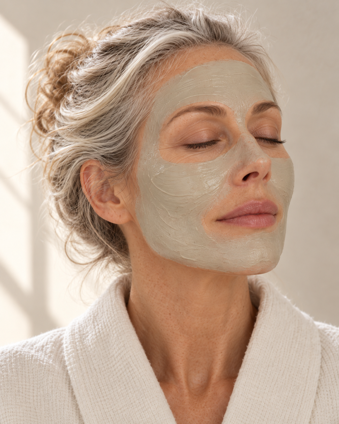 close-up of silver-haired woman with mask on her face. her eyes are closed