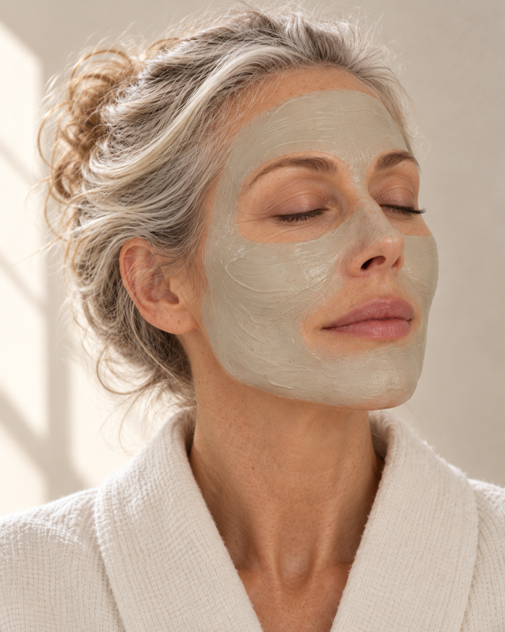 close-up of silver-haired woman with mask on her face. her eyes are closed