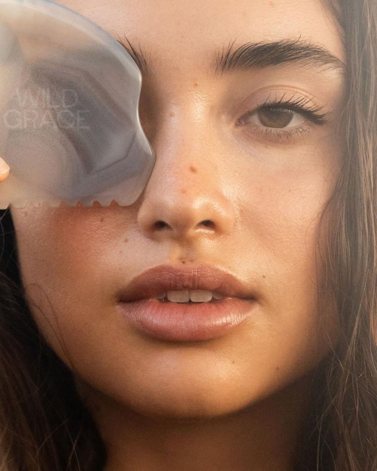 Close-up of a woman's face with a blurred background, featuring the brand 'Wild Grace'agate gua sha