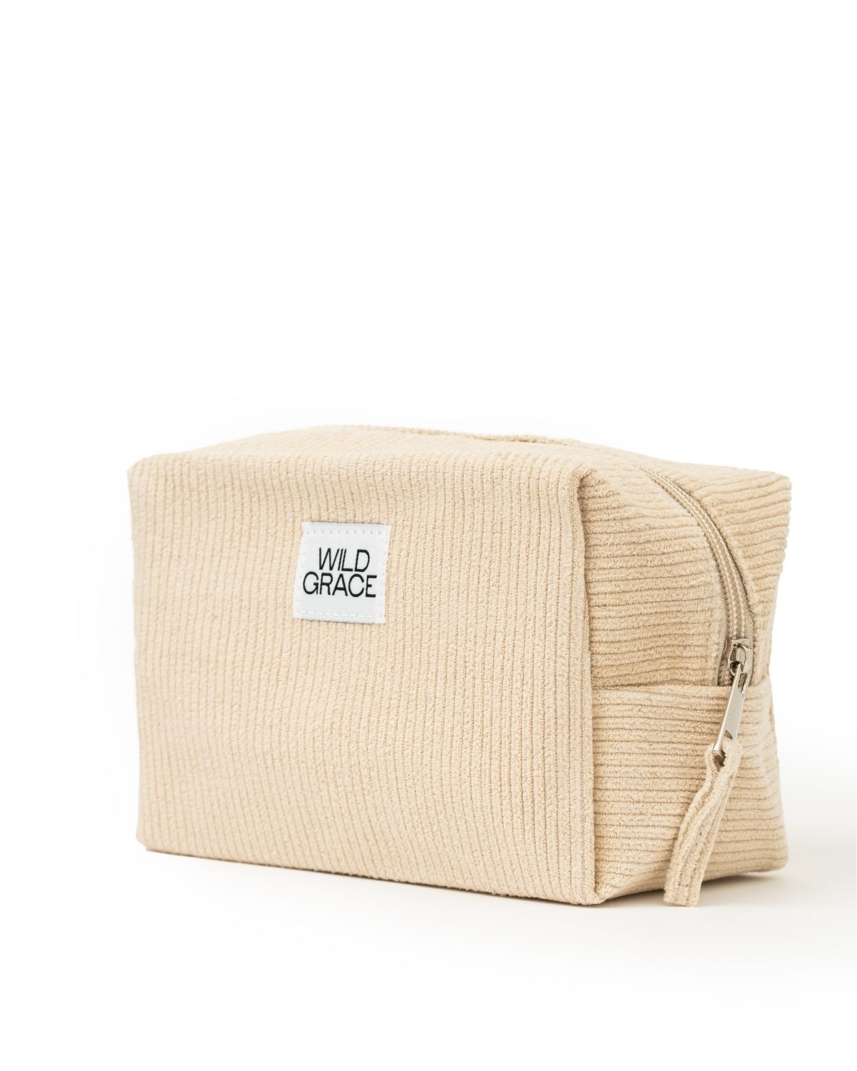 Beige textured pouch with 'Wild Grace' label on a white background