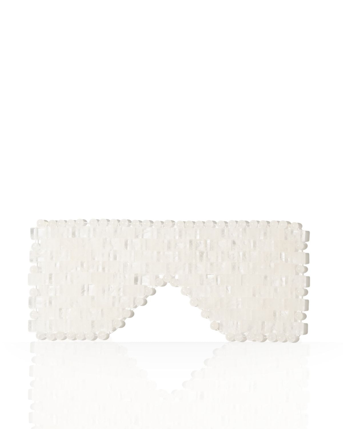 A white beaded clutch bag with a geometric, textured design and a pointed bottom, displayed on a clean white reflective surface.