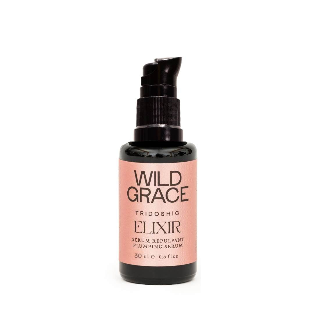 ELIXIR plumping serum, hyaluronic acid, coQ10 enzyme, made by WILD GRACE. Montreal, Canada.
