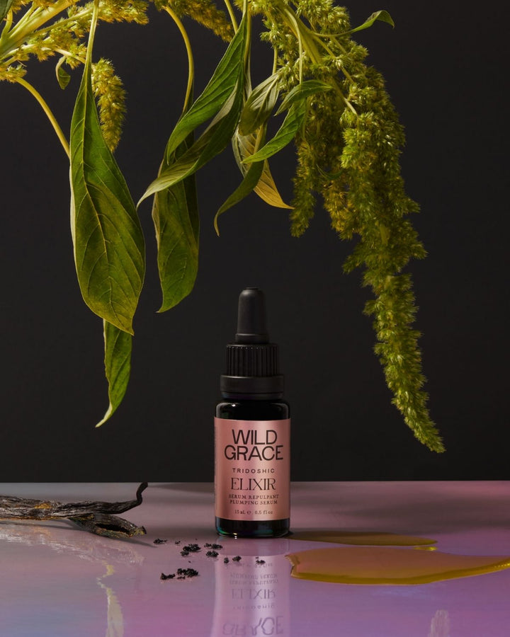 Bottle of Wild Grace Elixir with green leaves on a dark background