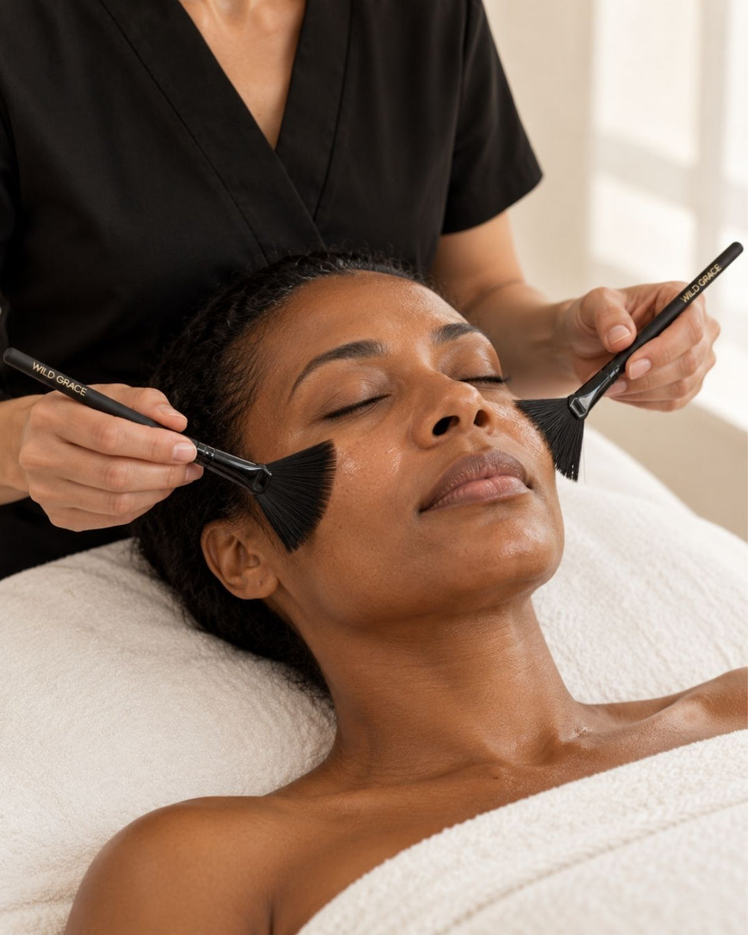 Side view of a reclining client receiving a facial tonic application with two WILD GRACE fan brushes.