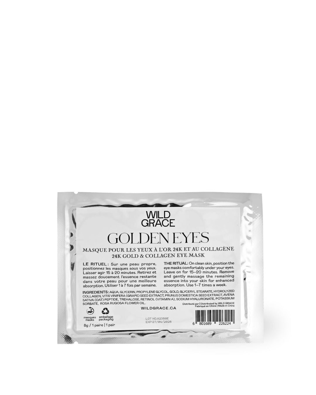 Wild Grace Golden Eyes eye mask packaging on a white background