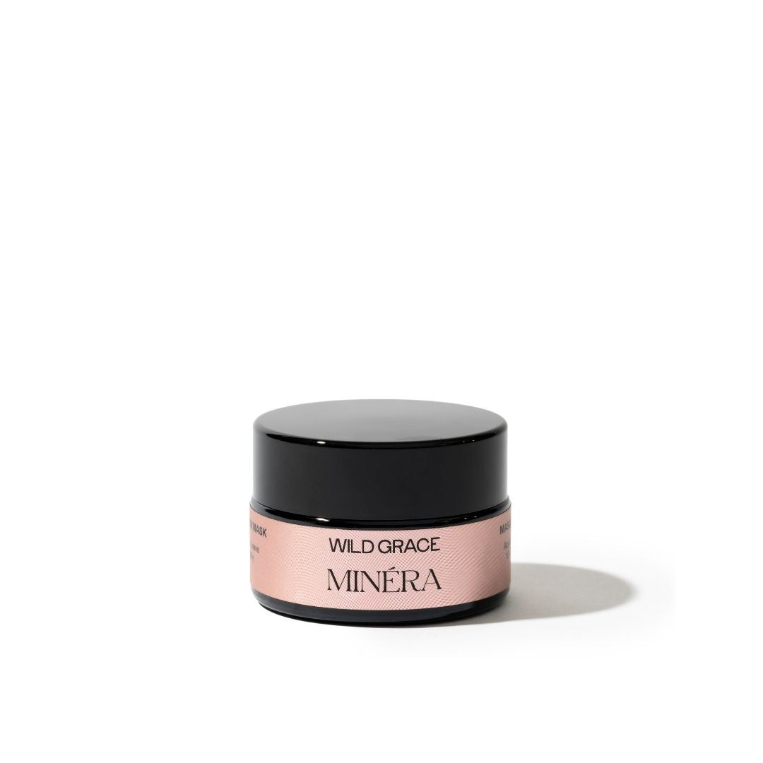 Minéra skincare jar with black lid on a white background