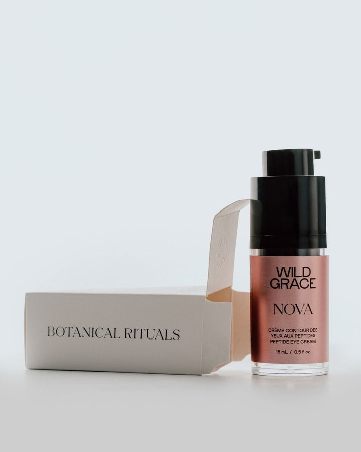 Wild Grace Nova eye cream bottle with Botanical Rituals box on a light gray background