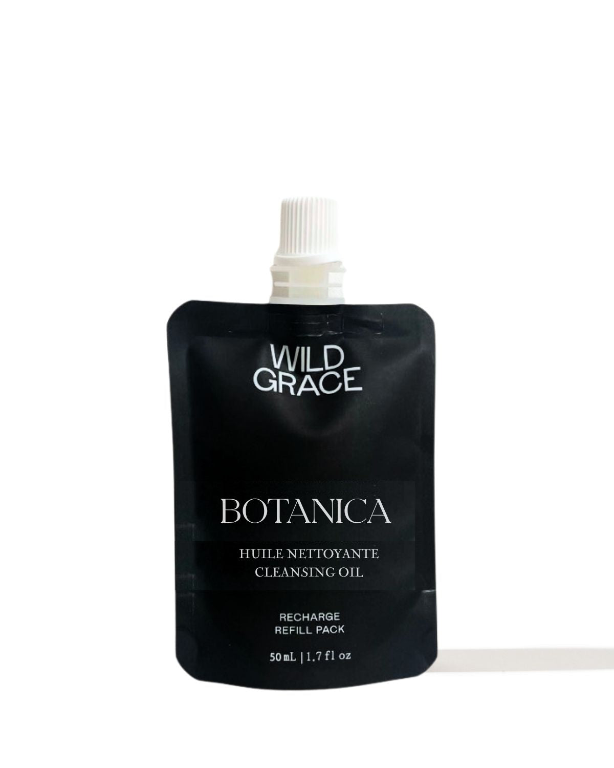 Black pouch with 'Wild Grace Botanica' branding on a white background
