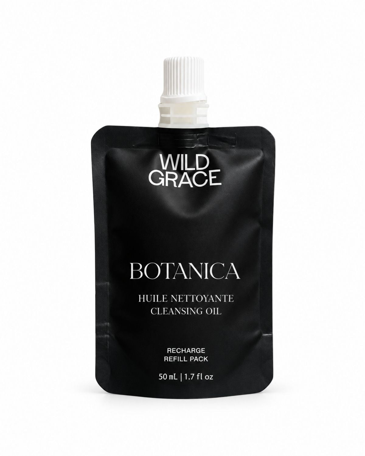 Black pouch with 'Wild Grace Botanica' branding on a white background